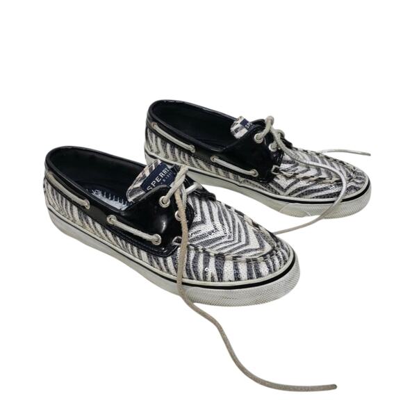 Sperry Sequin Animal Print Boat Shoes Size6 Patent Leather Lace up Black White - Picture 2 of 8